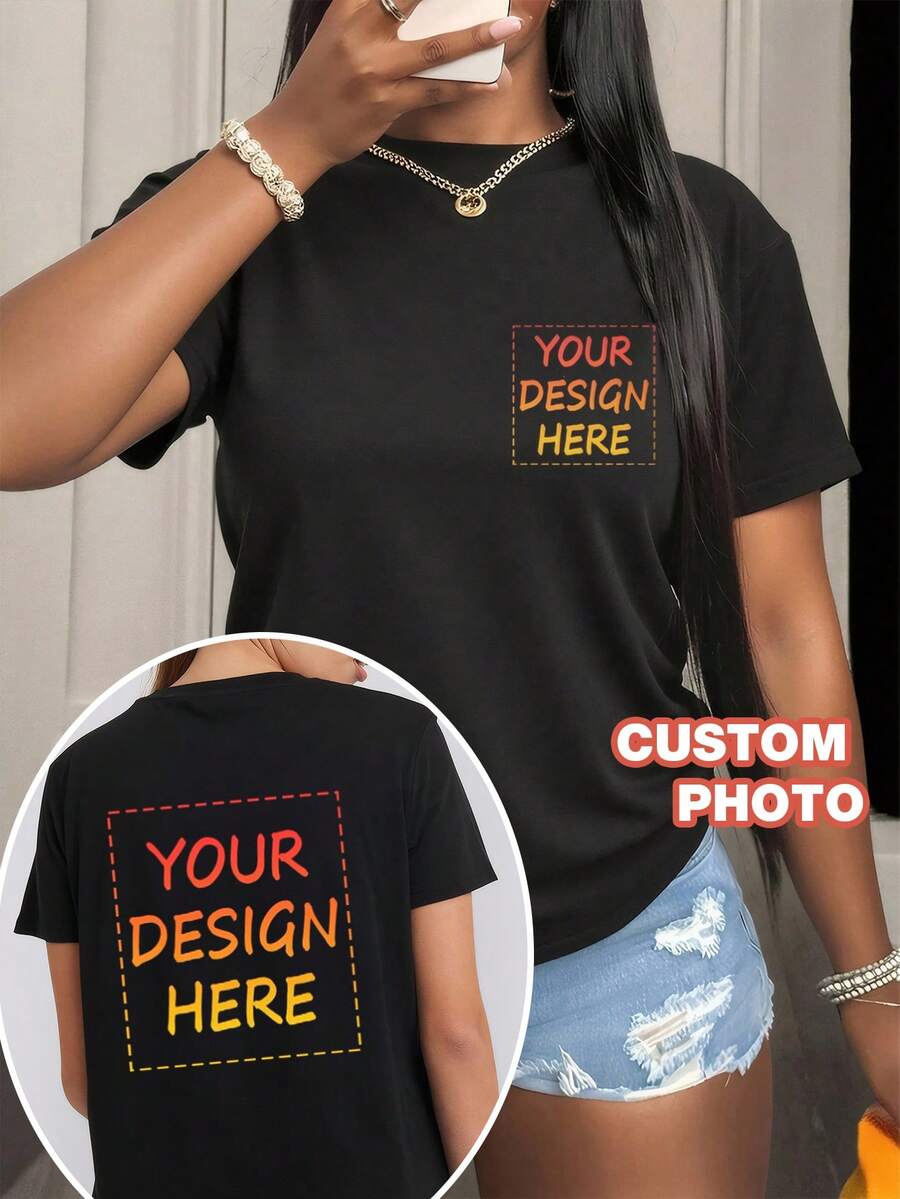 定制个性化礼品 - 定制，单身女士 T 恤定制，添加您自己的文字/图片（徽章图案/公司徽标/家庭照片/自拍，号码/姓名，适合他、男朋友、家人、朋友、生日、度假/节日的理想礼物 - 黑色 - 查看 1