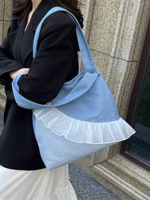 极简风格毛边字母设计牛仔帆布托特包，纯色大容量单肩包，适合女性日常使用，上班通勤书包，返校背包，经典休闲，轻便，便携，行李带设计，适合少女女大学生，非常适合返校、大学、初中、高中、开学第一天，女士西式钱包