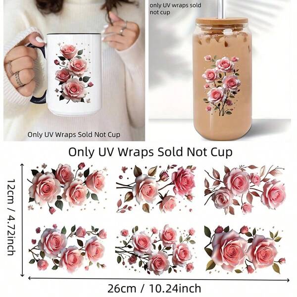 6pcs Light Pink Rose UV DTF Transfer Paper, Waterproof Scratch-Resistant Self-Adhesive PVC Sticker Paper, Applicable For Mugs, Ceramic Cups, Glass Cups, Metal Cups, Laptop/Phone Cases, DIY Packaging