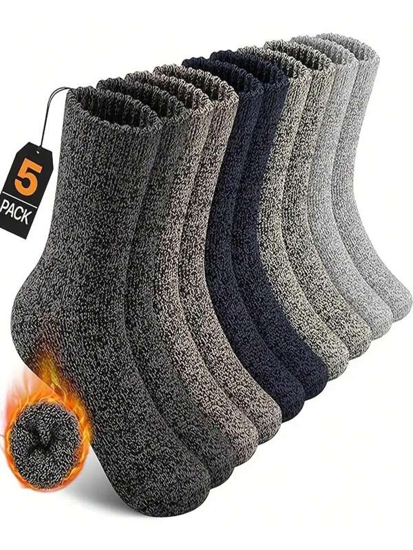 5 Pairs Men's Warm Mid-Calf Socks, Classic Solid Color Thick Long Socks, Suitable For Sports And Outdoor Use, Winter