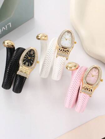 New Arrival Hot Selling Snake Wrap Wrist Watch, FashionPersonalizedy Quartz Watch With Rhinestone Leather Strap