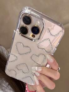 奢华心形图案时尚单件电镀镜头框手机壳，全屏背面心形水晶透明硬壳，兼容 11/12/13/14/15/16/16 Pro Max，质感高级，兼容 17/17 Pro/17 Pro Max/17 Air，春季生日礼物/情人节礼物 - 無色 - 查看 3