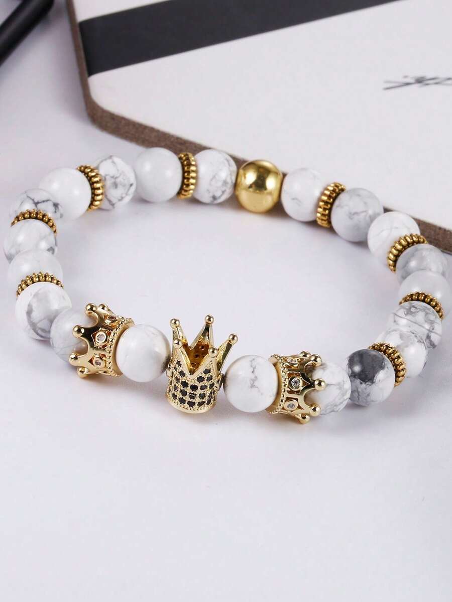 1 pulseira de contas de turquesa branca natural, pulseira elástica de coroa dourada