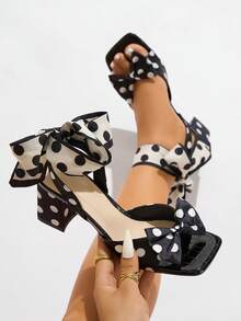 Sandale cu toc înalt pentru femei, potrivite pentru petreceri, activități în aer liber, călătorii, vacanțe la modă, toc gros, vârf pătrat, eșarfă cu buline, fundă, textură de piatră strălucitoare, culoare uni, sandale negre elegante de înaltă calitate - Negru - Vizualizare 6