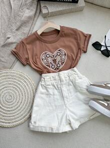 Camiseta Feminina algodão estilo simples Grande Coração Gota D'água