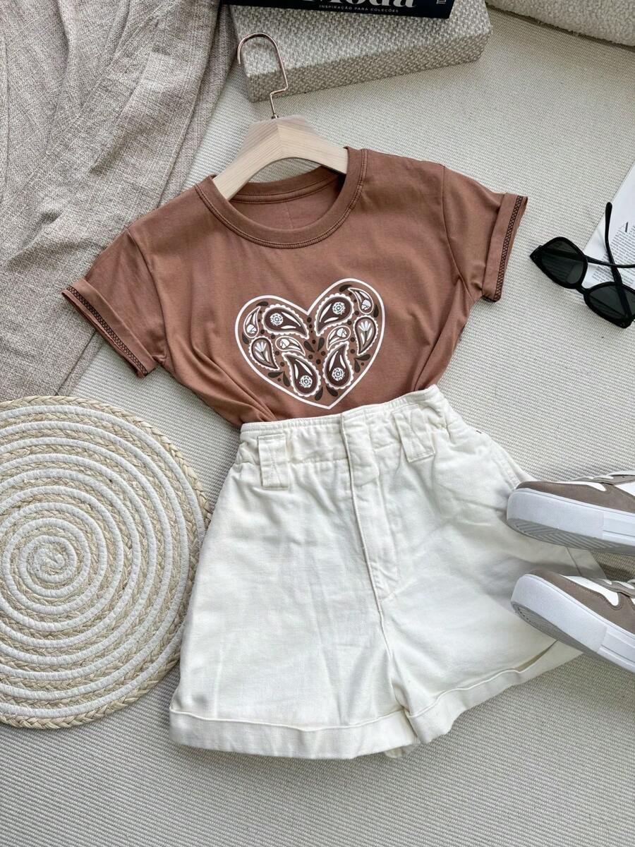 Camiseta Feminina algodão estilo simples Grande Coração Gota D'água