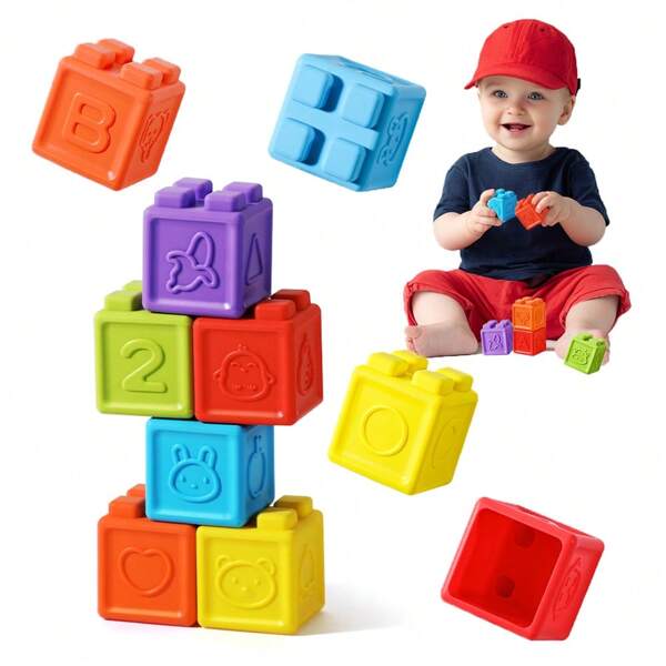 Soft Stacking Blocks For Baby - 6 Infant Toddler Building Blocks With Numbers, Shapes, Colors, Animals, Educational Toys Gift