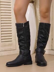 Giày bốt nữ màu đen thu/đông, xếp ly, có khóa, mũi tròn, gót thấp, bốt thời trang, bốt cao cổ có khóa kéo bên hông thường ngày cho mùa đông, bốt cao đến đầu gối - màu đen - Xem 5