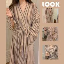 1pc Women's Striped Long Robe, Casual Loose Vintage Style Bathrobe, Suitable For All Seasons
