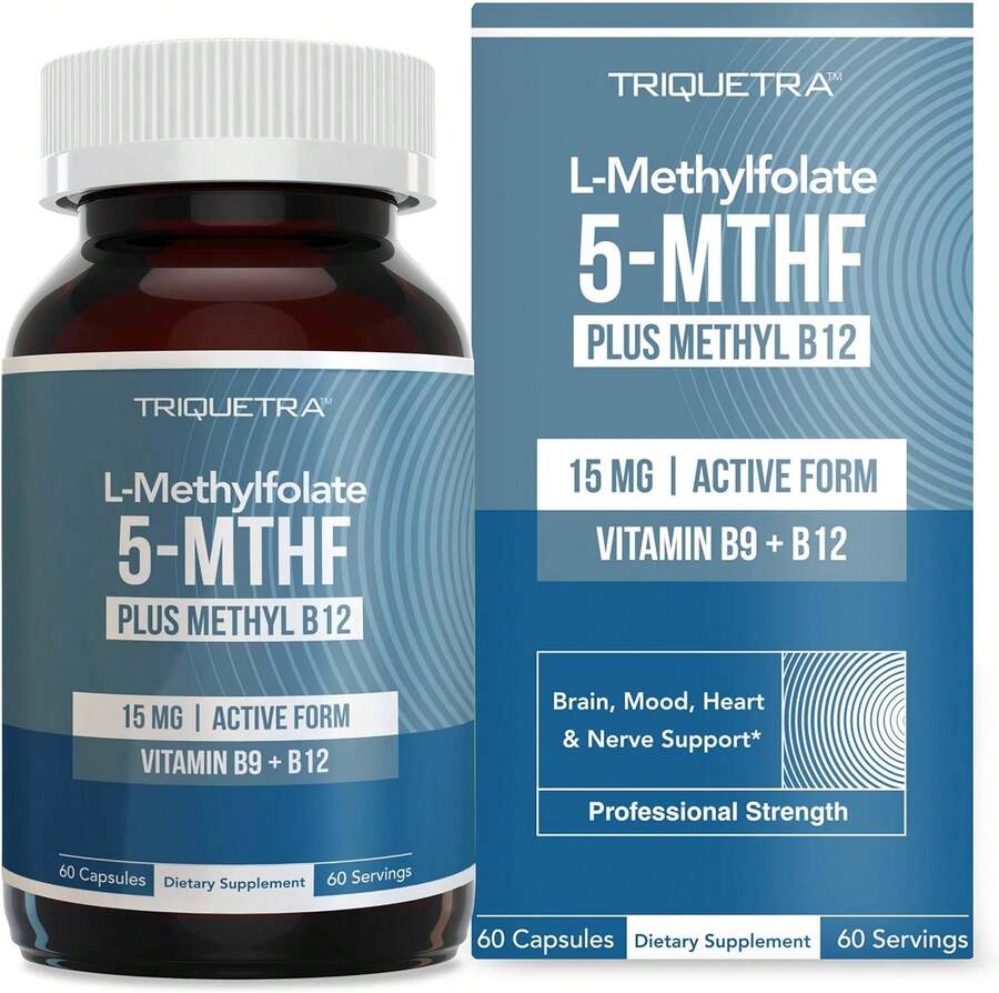 L Methyl Folate 15mg Plus Methyl B12 Cofactor \U2013 High Potency, Active 5-MTHF Form - Supports Mood, Methylation, Cognition \U2013 Bioactive Forms Of Vitamin B9 &Amp; B12 (60 Capsules \U2013 60 Servings) - Unflavored - View 1