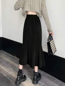 显瘦百搭黑色中长款修身鱼尾裙