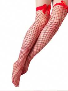这款女士红色蝴蝶结渔网过膝长袜适合圣诞节、派对、约会等各种场合，舒适保暖。 - 紅色 - 查看 6