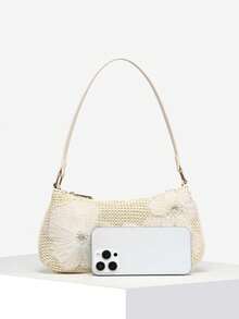 1 件女士复古度假草编贝壳珍珠樱花串珠吊坠斜挎包，适合约会、郊游、度假 - 米色 - 查看 4