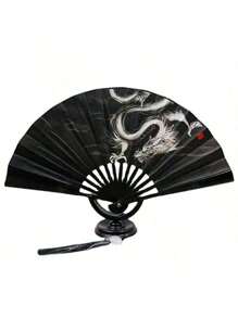 1pc Retro Style Black Fabric Double-Sided Folding Fan With Chinese Dragon Ink Painting Design Summer Cooling,Beach,Travel