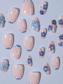 24 件短椭圆形 3D 凝胶花朵设计按压指甲套装，饰有金珠，马卡龙糖果色全贴合亚克力假指甲，包含 1 件果冻胶和 1 件指甲锉，适合女性和女孩的日常工作、学习和派对使用美甲用品指甲