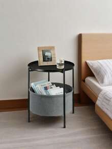 Scandinavian Round End Table With Fabric Basket | Multi-Use Sofa/Bedside/Coffee Table | No-Tool Assembly & Foldable Design | Stylish Storage For Living Room, Bedroom & Office.