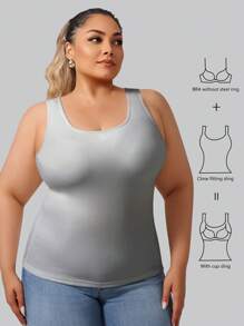 1pc Autumn/Winter Ribbed Fleece Tank Top With Built-In Cup, Yoga Base Layer Vest In Light Gray, No Bra Needed