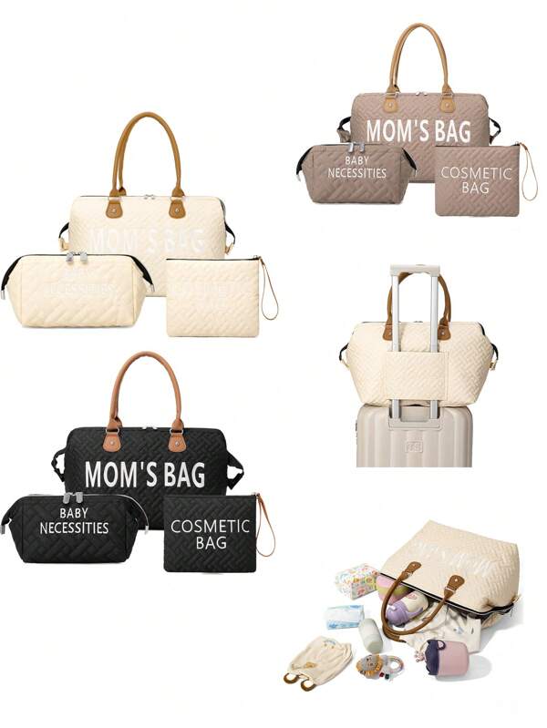 3pcs Set Embroidery Rhombus Pattern Tote Handbag With Detachable Shoulder Strap, Wet Dry Separation Breastmilk Bottle Storage, Maternity Travel Bag