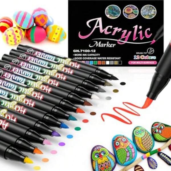 12 colori di pennarelli per vernice acrilica in feltro, permanenti e impermeabili, adatti per pietra, legno, vetro, plastica, tela, con punta morbida da 1 a 3 mm