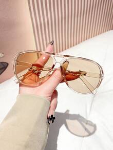 1pc Women's Oversized Oval PC Fashion Glasses, Full Frame Champagne Transparent Glasses, Summer Fashionable Fashion Glasses, Suitable For Travel, Beach, Classic Decoration, Elegant Style, Family Outing Preppy Style For Back To School Cat Eye Shape Shield Shape Shades - Multicolor - View 2