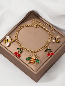 1 件女士不锈钢蜜蜂和樱桃串珠手链，粗链，甜美清新欧美风格，金色 - 彩色 - 查看 2