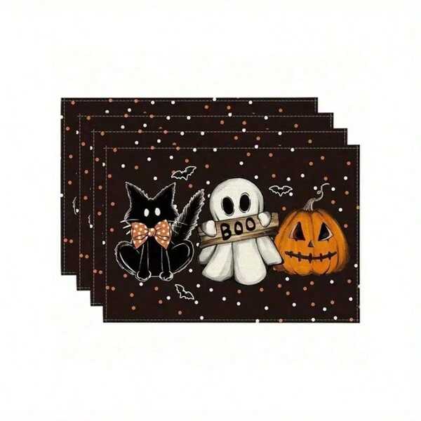 1pc/4pcs/8pcs Halloween Themed Placemats, Ghosts, Pumpkins, Black Cats And Bats Designed | 12x16 "Non-Slip, Heat-Resistant Polyester For Indoor And Outdoor Use | Perfect For Dining And Holiday Decorations