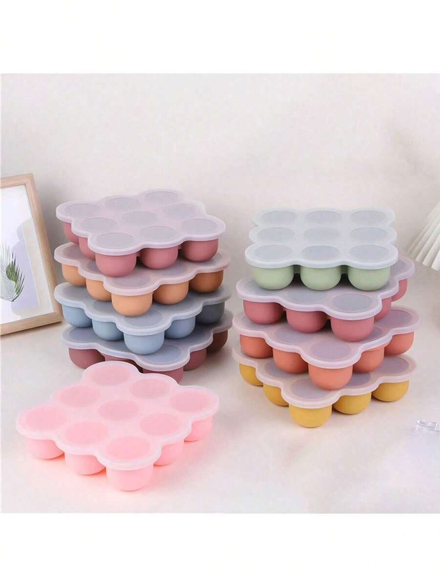 1PC Silicone Ice Cube Tray With Lid, Press Mold, Baby Food Container, 9-Grid Ice Mold - Multicolor - View 1