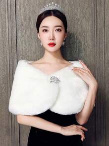 1 件女士短款白色复古披肩，带仿水钻装饰，温暖，适合派对、婚礼和冬季活动，温暖毛绒披肩，女士秋季服装 - 白色 - 查看 3