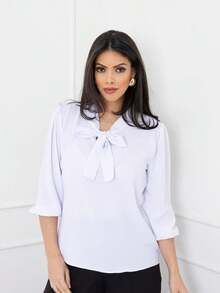 blusa feminina elegante gola laço manga 3/4 tecido duna - Branco - Visão 1