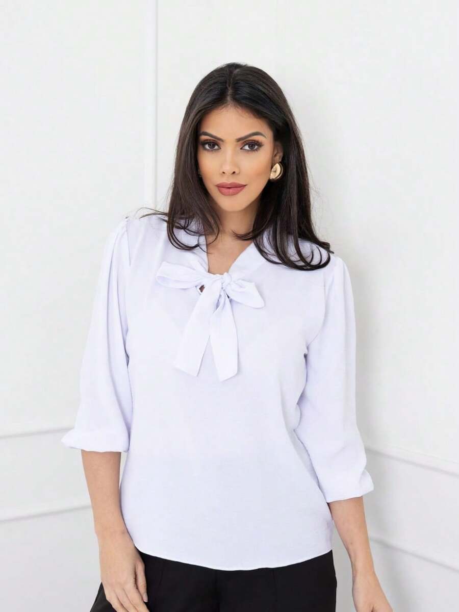 blusa feminina elegante gola laço manga 3/4 tecido duna - Branco - Visão 1