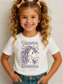 T-Shirt Blouse T-Shirt Unicorn Dreams Children's Girls 100% Cotton Drawings, School, Walk And Day To Day, Short Sleeve, Spring Summer / Pre-Teens - 白色 - 查看 2