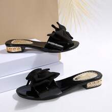 女士圆头凉鞋，新款粗跟蝴蝶结拖鞋，时尚罗马风格加大码平底珍珠装饰拖鞋和高跟凉鞋 - 黑色蝴蝶結 - 查看 4