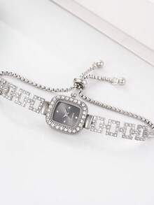 1pc Ladies' Business Elegant Gold Square Case Rhinestone Scale Dial Rectangular Inlay Diamond Adjustable Bracelet Quartz Watch, Hip Hop Style - Black - View 3