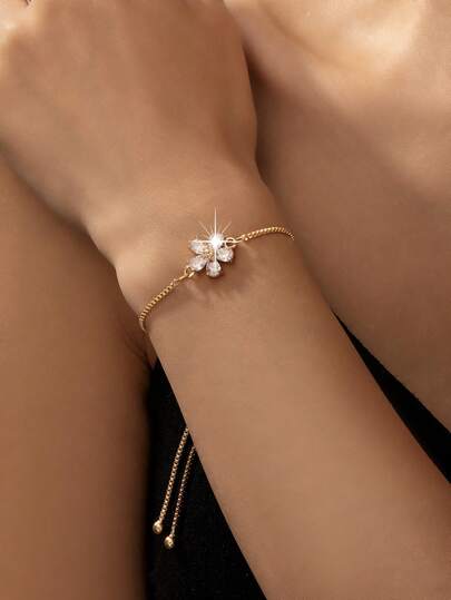 1pc Minimalist Style Adjustable Crystal Flower Bracelet, Versatile Daily Wear