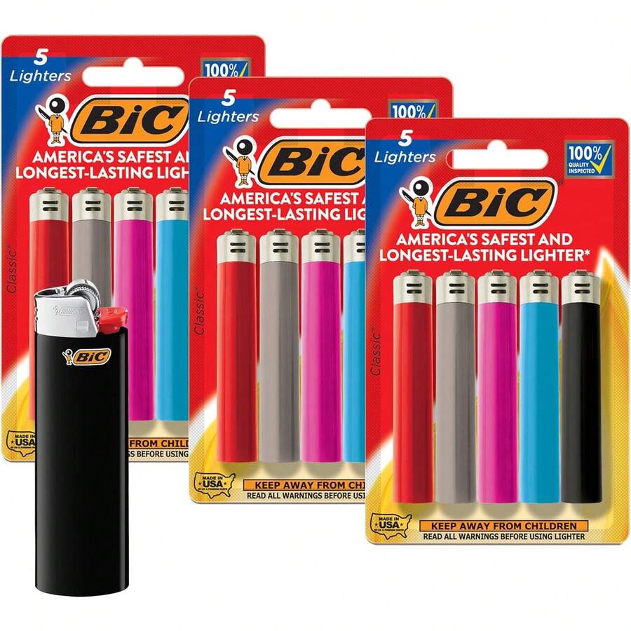 BIC Classic Lighters, Pocket Style, Safe Child-Resistant, Assorted Colors (Packaging May Vary), 5-Count (Pack Of 3) - 1 - Xem 1