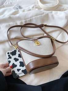 1个时尚撞色帆布水桶包，配有可调节肩带 - 彩色 - 查看 4