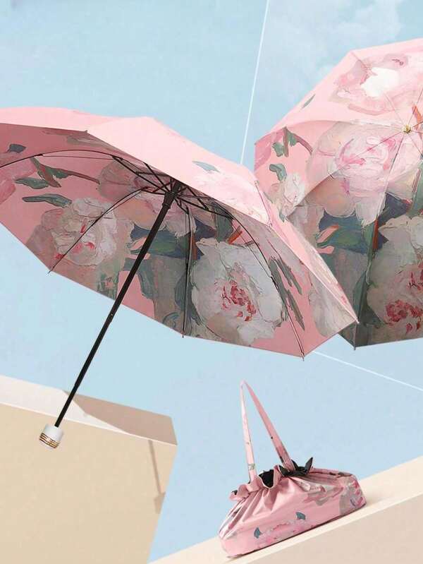 1PC Triple Fold Flower Language Manual Sunny Umbrella Retro Rain And Rain Dual Use Black Gel Sunscreen Umbrella