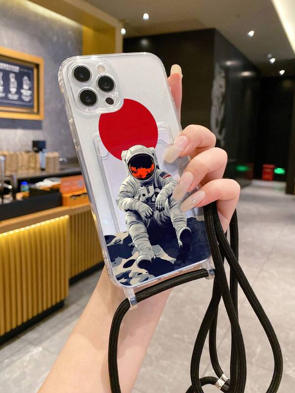1pc White Integrated Black Lanyard Card Holder TPU Astronaut Pattern Phone Case/Shock-Proof Phone Case/Funny Phone Case, Compatible With IPhone, Android, OPPO Phones