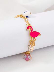 1pc Women's Golden Mushroom, Heart & Flower Pendant Chunky Chain Bracelet, European & American Chic & Sweet Style