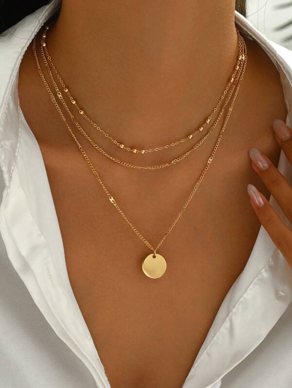 2 Pieces Of Simple Beach Style Three-Layer Circular Pendant Necklace, Personalized And Versatile Collarbone Chain Necklace Accessory Suitable For Women's Travel, Vacation, Gaming And Entertainment Wear