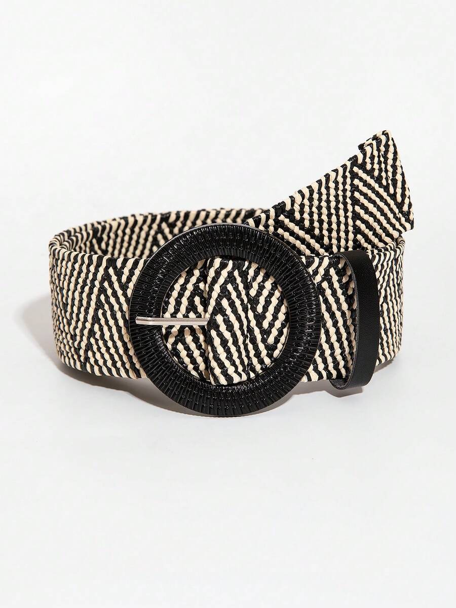 1pc Boho Color Block Woven Elastic Waist Belt, Classic Round Buckle For Dresses, Spring/Summer Summer, School - Multicolor - View 1