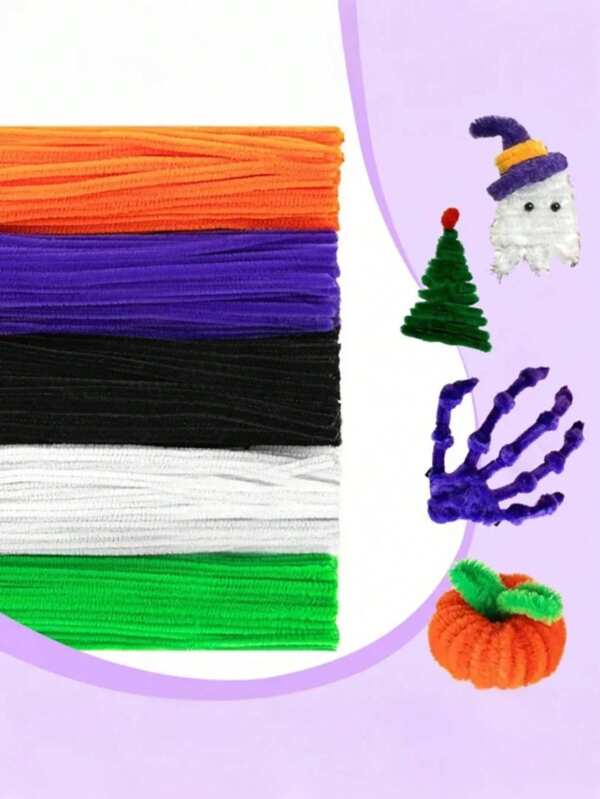 100 piezas - Limpiapipas y suministros para manualidades de Halloween, limpiapipas gruesos suministros para manualidades 3 surtidos de color negro, naranja y morado, tallos de chenilla para proyectos de arte y manualidades de Halloween, material de manualidades DIY para decoraciones de Halloween, paquete de material súper denso y esponjoso para Halloween