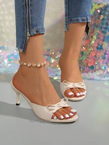 Beige Summer New Open Toe Bowknot Decor High Heel Sandals, Minimalist Fine High Heel Sandals Suitable For Women To Pair With Dresses, Valentine's Day