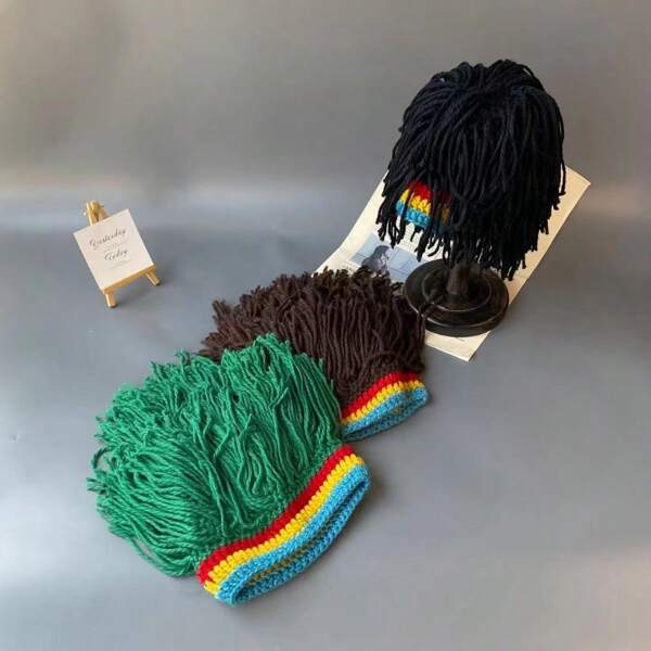 Hippie Braided Tassel Beanie Hat, Handmade Colored Edge Knitted Cap