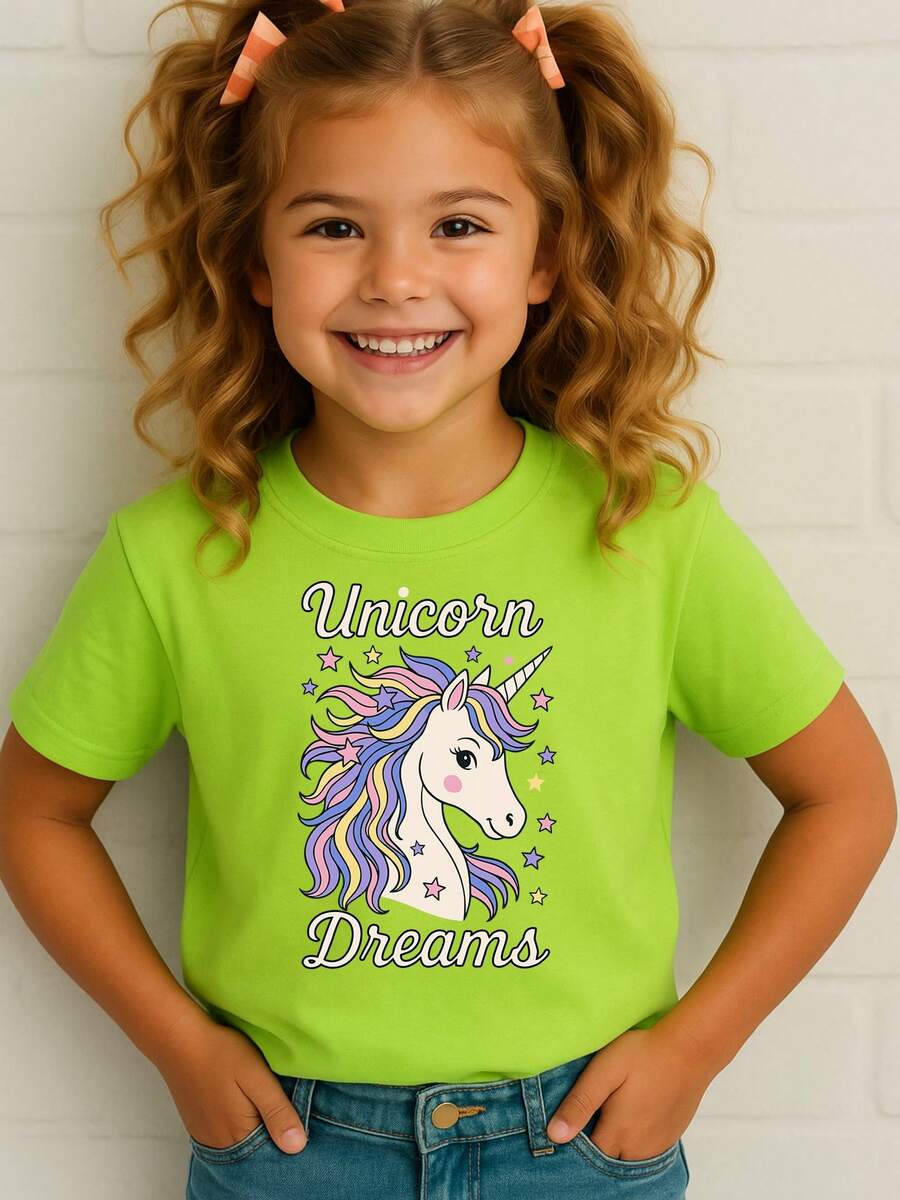 T-Shirt Blouse T-Shirt Unicorn Dreams Children's Girls 100% Cotton Drawings, School, Walk And Everyday Life - 青檸色 - 查看 1