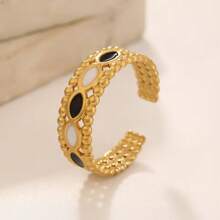 1 Set (3pcs) Stainless Steel Adjustable Gold Open Rings With Black/White Stars & Crescent Moon Designs