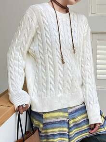 1pc Girls/Teens Casual Loose Comfortable Outdoor Thick Cable Knit Long Sleeve Sweater, Suitable For Autumn/Winter - trắng - Xem 3