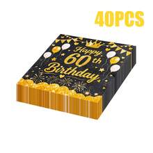 80/40/20 قطعة من منديل الحفلات عيد الميلاد القابل للتخلص من البالوعة مقاس 13 * 13 بوصة، خلفية سوداء، نص عيد ميلاد ال- 60 سعيد بالذهبي، تاج عيد الميلاد و نمط البالونات، تستخدم في حفلات أعياد الميلاد، التجمعات العائلية، فنادق وديكور المطاعم