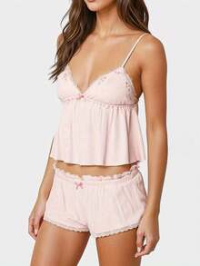 Conjunto de pijama de verano para mujer, elegante camisola con ribete de encaje bordado y pantalones cortos, ropa de estar, conjunto de 2 piezas - Rosa - Ver 3