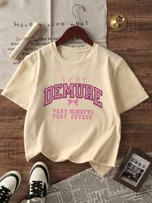 A Piece Of Girl Casual Graphic Print Crew Neck Short Sleeve T-Shirt, Suitable For Summer Student Wear, Fit For Teenagers & Children - Artistic Style T-Shirt Inspires Imagination And Self-Expression! Girls Graphic Tee, Summer Top, Teenage Clothing - Apricot - View 3